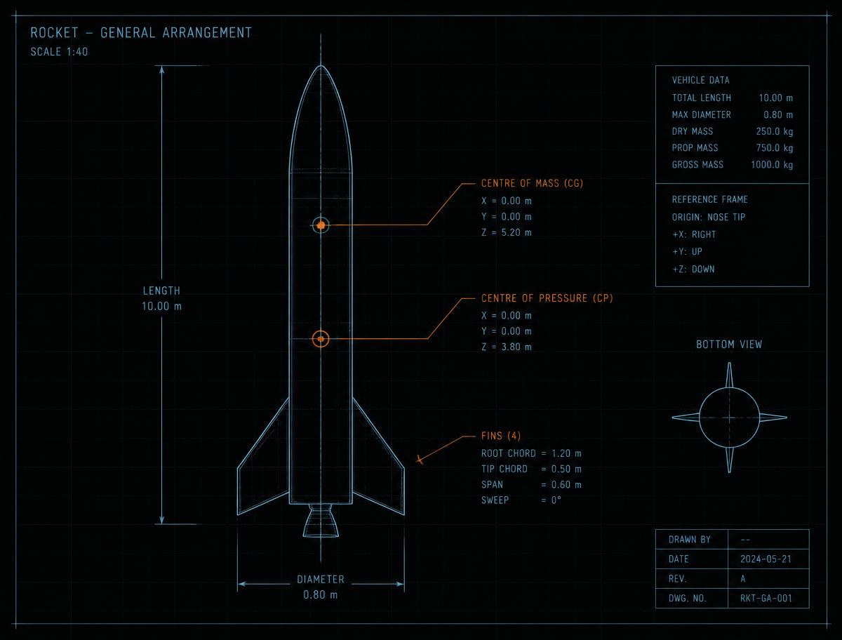 Rocket diagram showing centre of mass ahead of centre of pressure